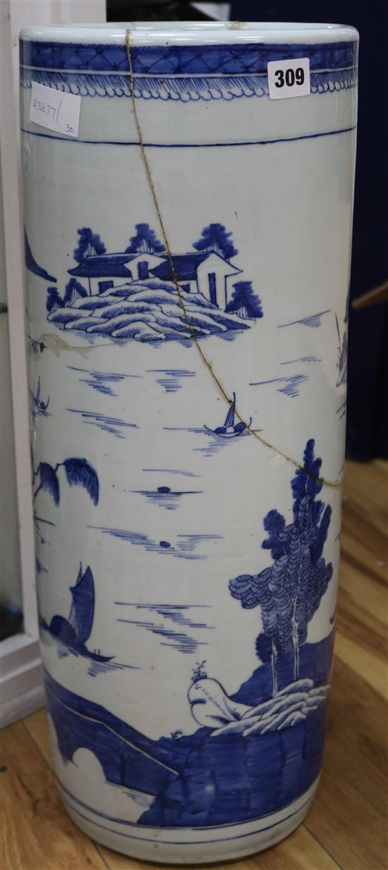 A Chinese blue and white umbrella stand